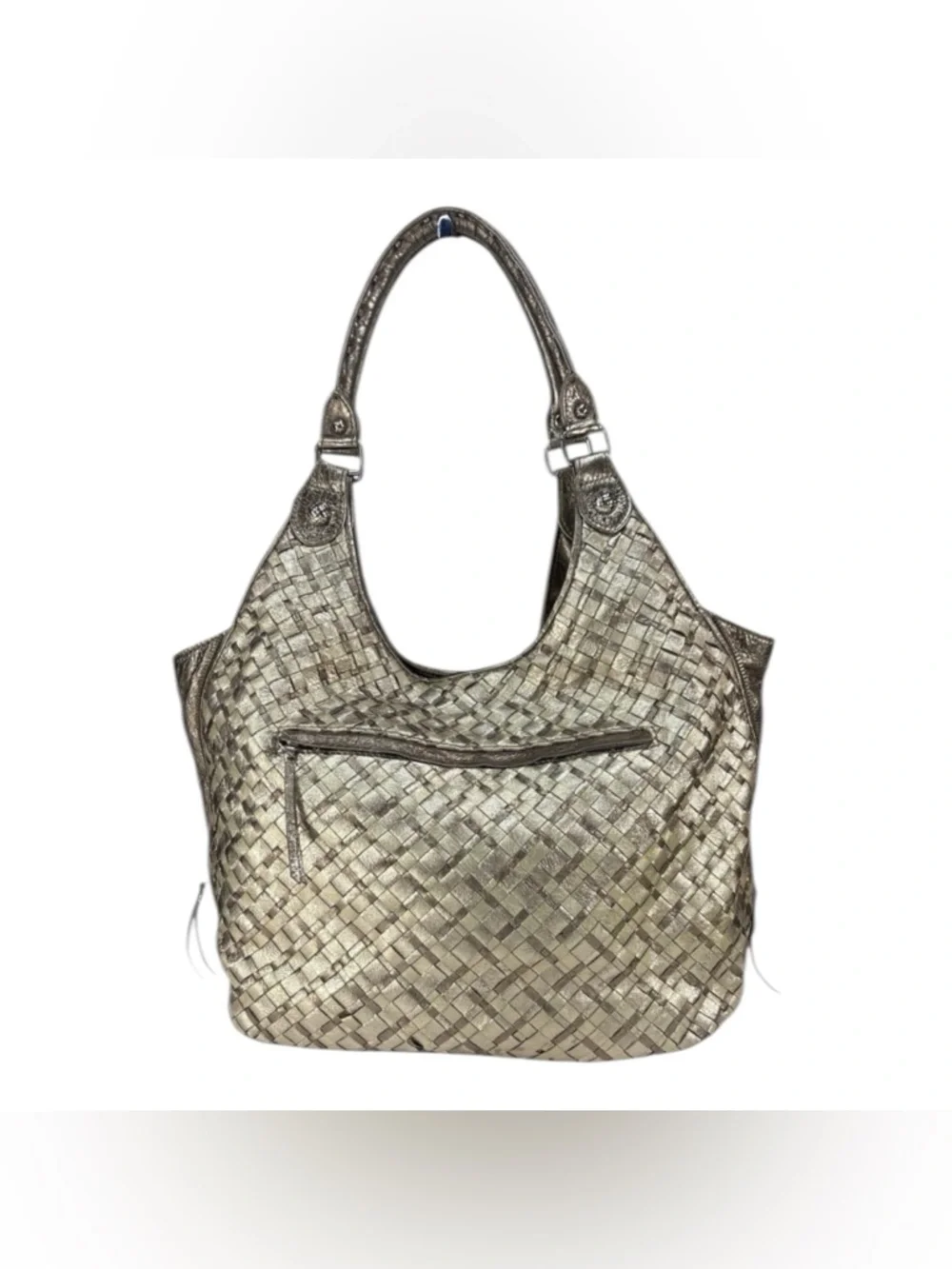 Elliott Lucca Silver Platinum Woven Leather Hobo Shoulder Bag Expandable Sides